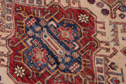 handmade Geometric Super Kazak Beige Blue Hand Knotted RECTANGLE 100% WOOL area rug 5' x 8'
