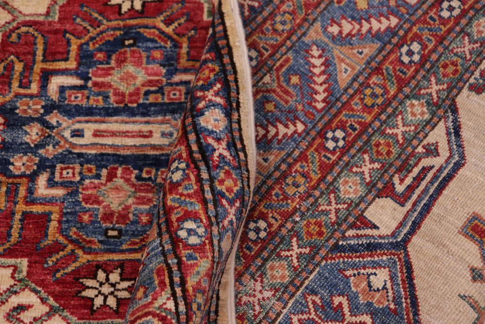handmade Geometric Super Kazak Beige Blue Hand Knotted RECTANGLE 100% WOOL area rug 5' x 8'