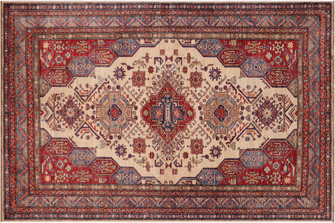 handmade Geometric Super Kazak Beige Blue Hand Knotted RECTANGLE 100% WOOL area rug 5' x 8'
