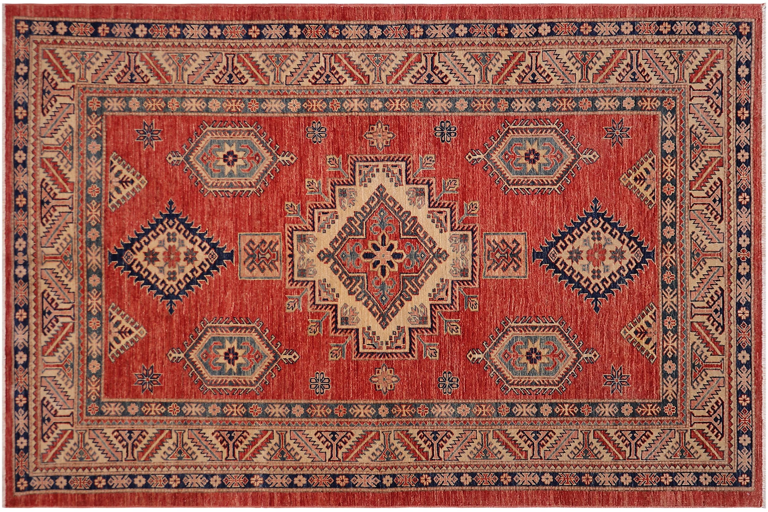 handmade Geometric Super Kazak Rust Beige Hand Knotted RECTANGLE 100% WOOL area rug 5' x 8'