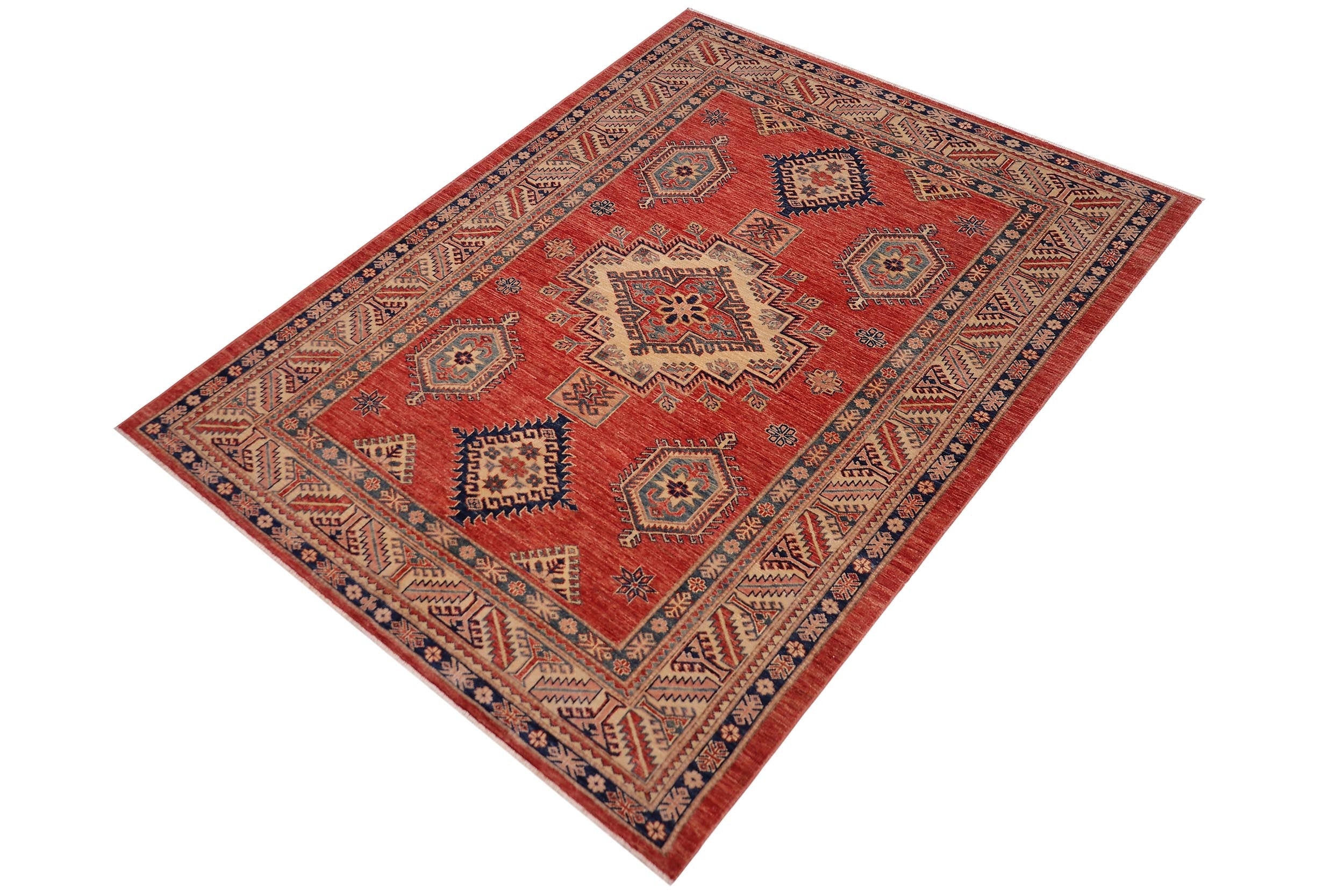 handmade Geometric Super Kazak Rust Beige Hand Knotted RECTANGLE 100% WOOL area rug 5' x 8'