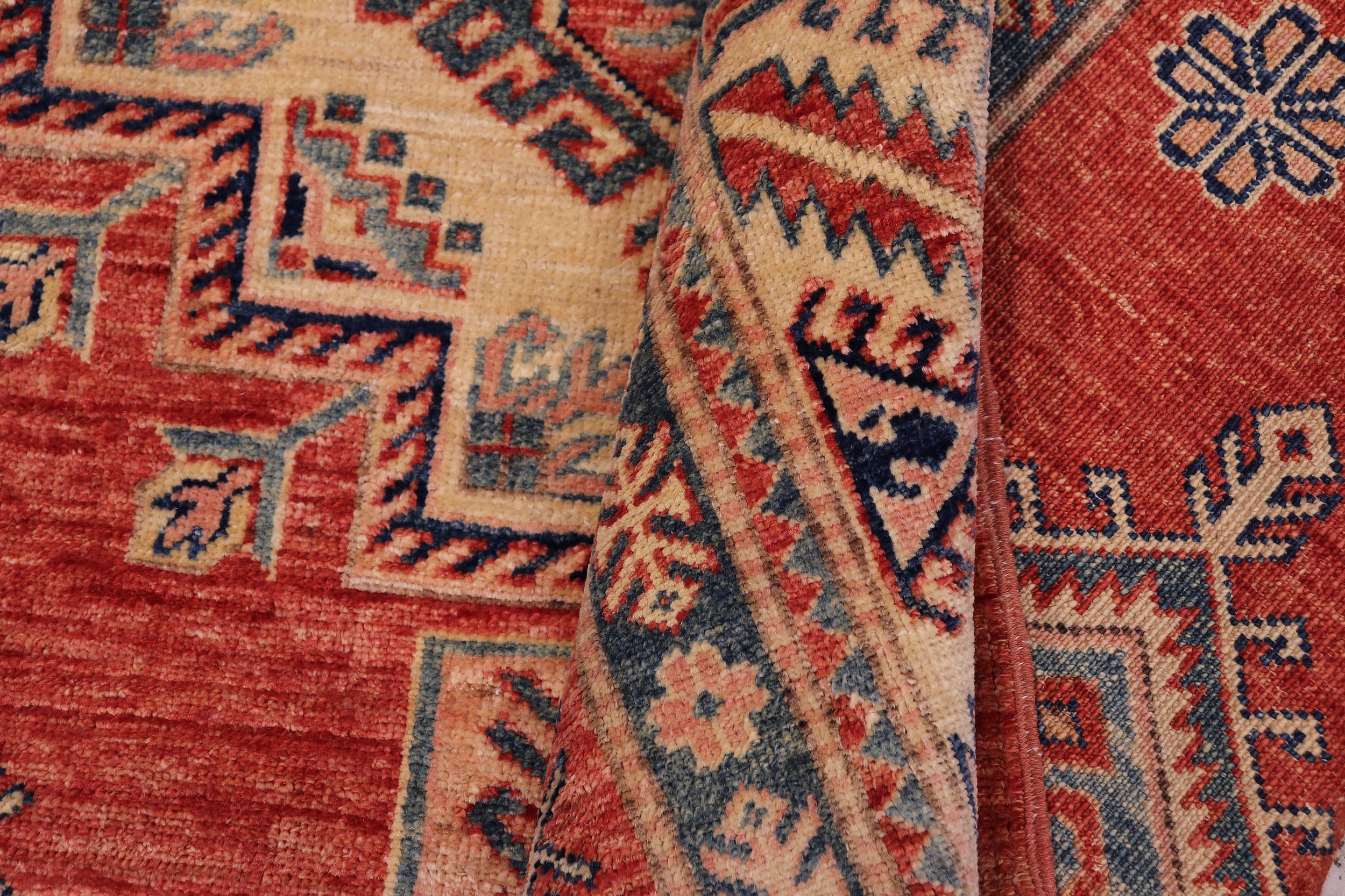 handmade Geometric Super Kazak Rust Beige Hand Knotted RECTANGLE 100% WOOL area rug 5' x 8'