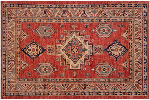handmade Geometric Super Kazak Rust Beige Hand Knotted RECTANGLE 100% WOOL area rug 5' x 8'