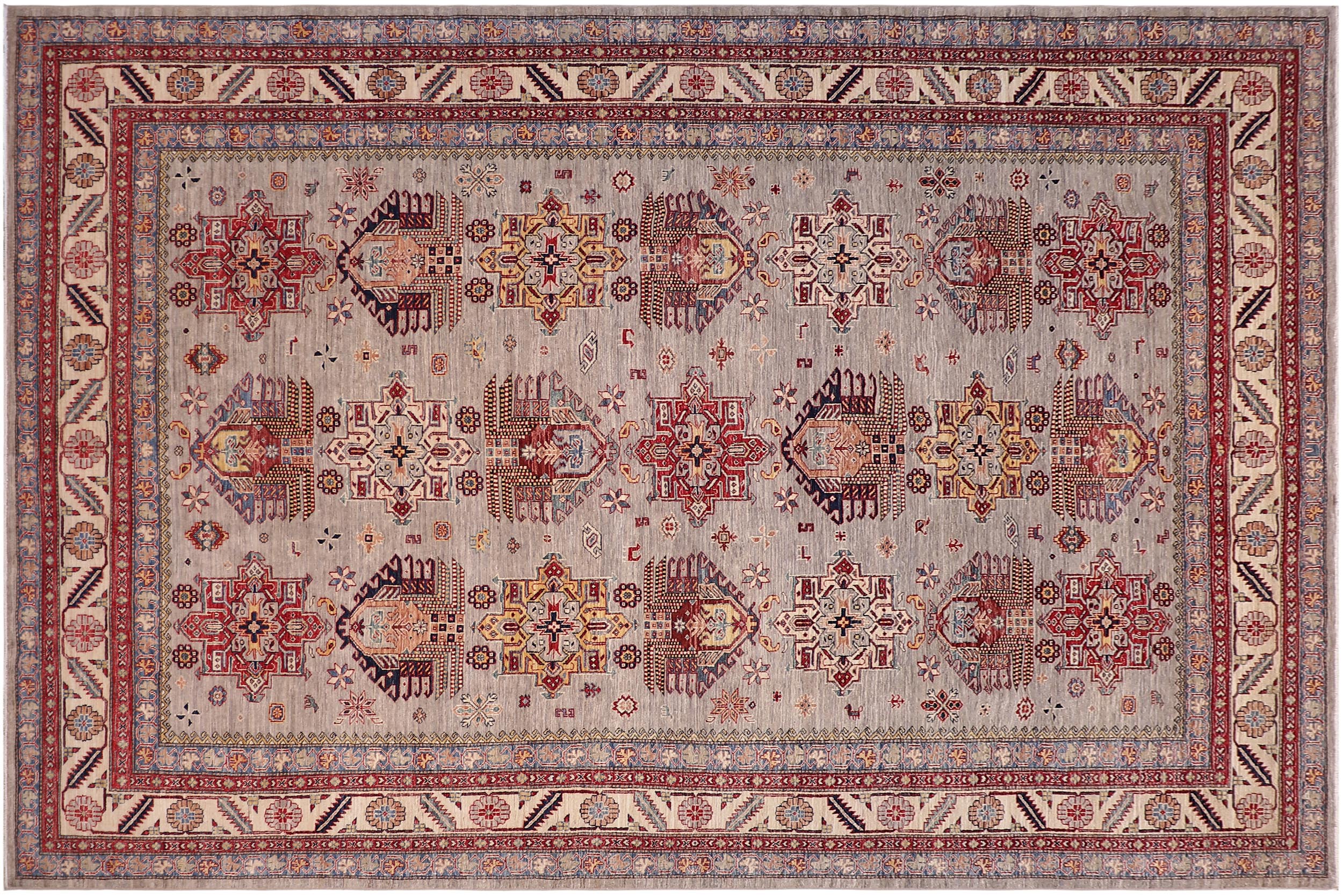 handmade Geometric Super Kazak Gray Beige Hand Knotted RECTANGLE 100% WOOL area rug 9' x 12'