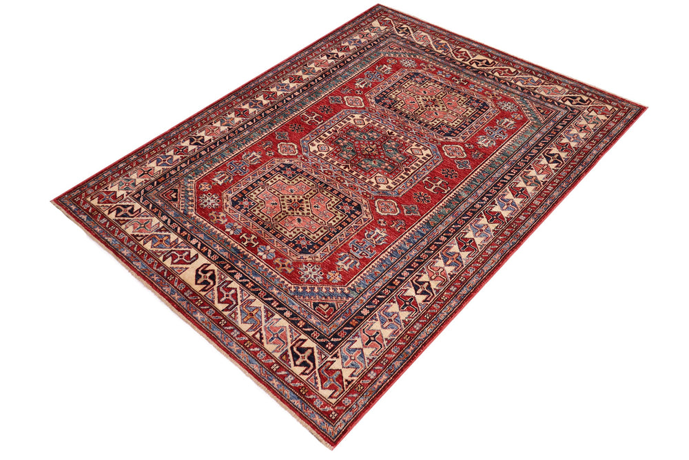 handmade Geometric Super Kazak Red Beige Hand Knotted RECTANGLE 100% WOOL area rug 5' x 6'
