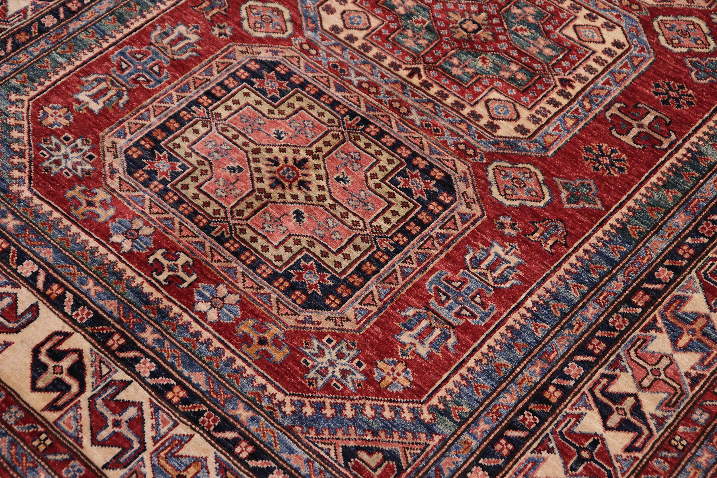 handmade Geometric Super Kazak Red Beige Hand Knotted RECTANGLE 100% WOOL area rug 5' x 6'