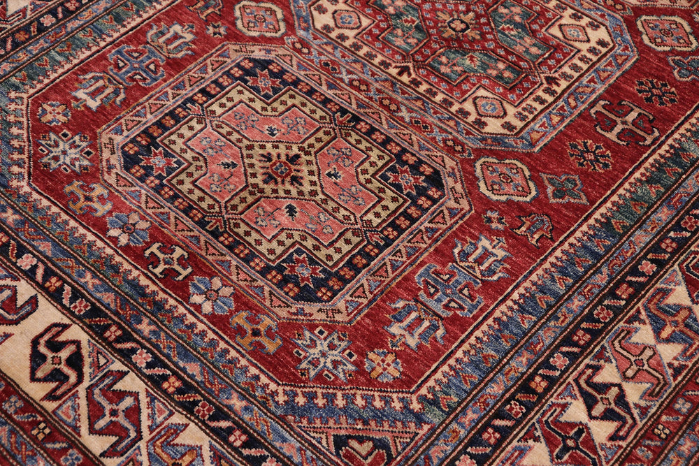 handmade Geometric Super Kazak Red Beige Hand Knotted RECTANGLE 100% WOOL area rug 5' x 6'