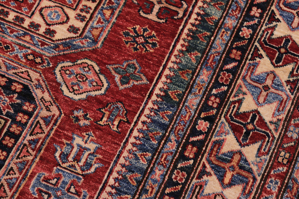 handmade Geometric Super Kazak Red Beige Hand Knotted RECTANGLE 100% WOOL area rug 5' x 6'
