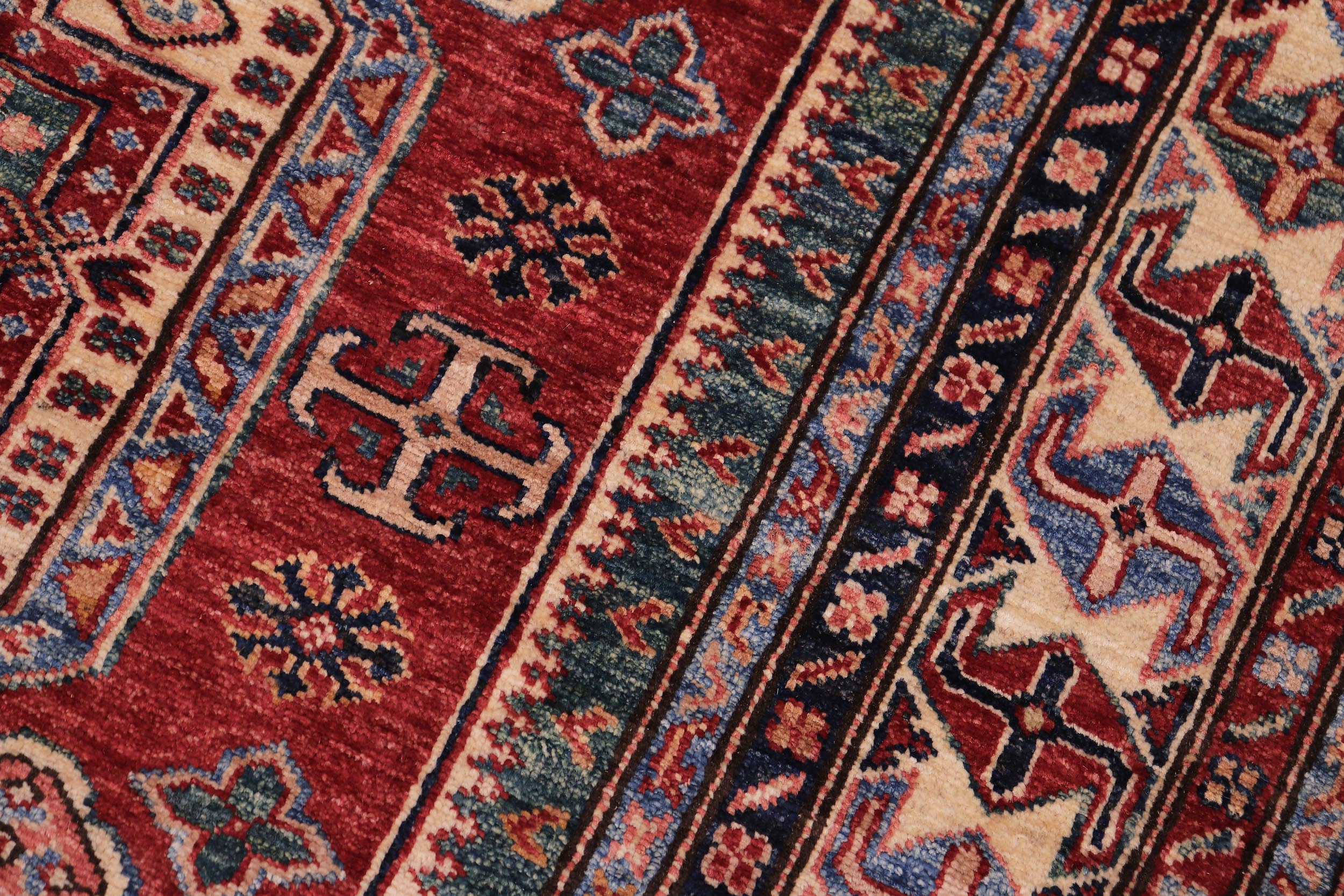 handmade Geometric Super Kazak Red Beige Hand Knotted RECTANGLE 100% WOOL area rug 5' x 6'