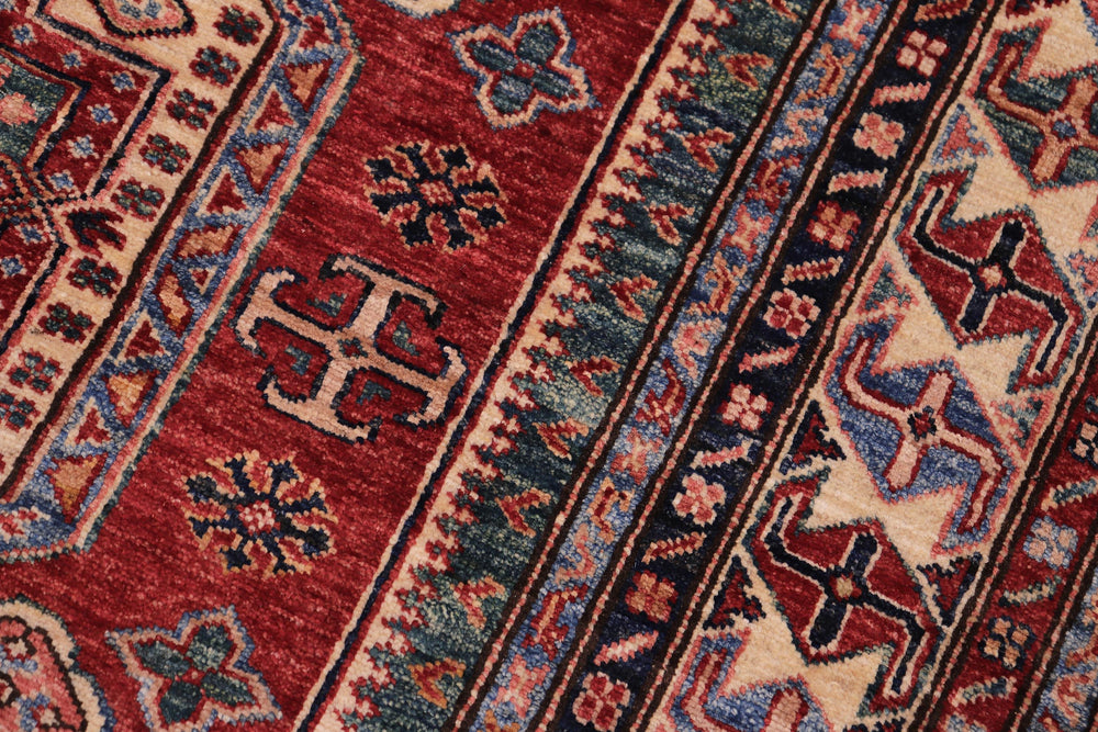 handmade Geometric Super Kazak Red Beige Hand Knotted RECTANGLE 100% WOOL area rug 5' x 6'