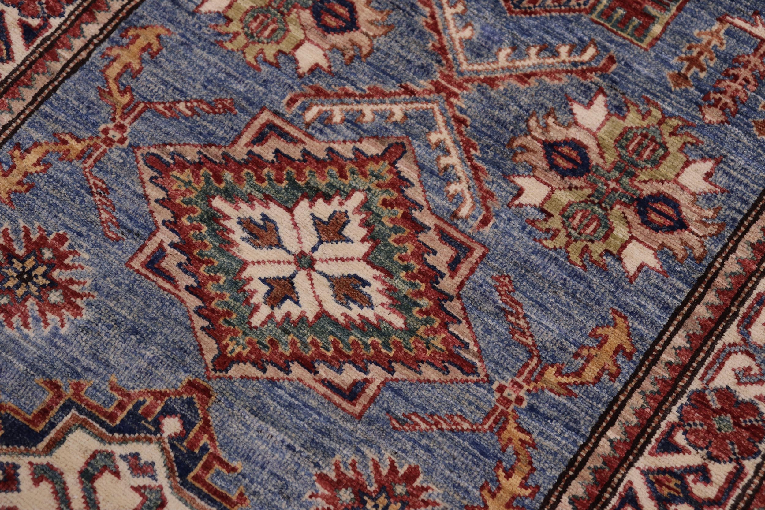 handmade Geometric Super Kazak Lt. Blue Beige Hand Knotted RUNNER 100% WOOL area rug 3' x 10'