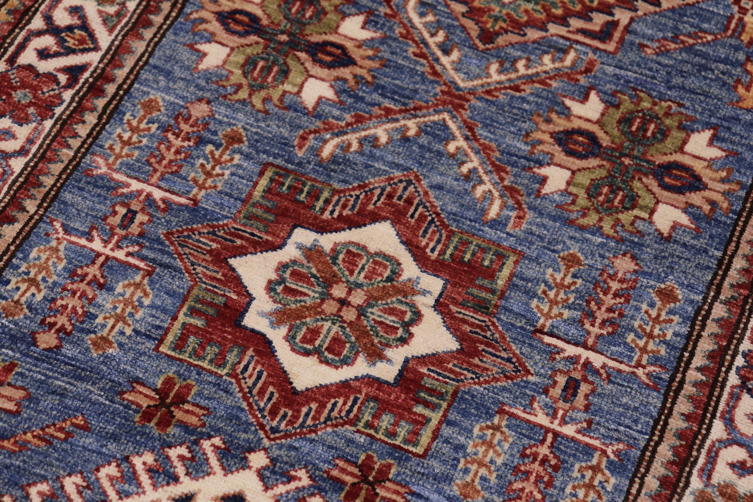 handmade Geometric Super Kazak Lt. Blue Beige Hand Knotted RUNNER 100% WOOL area rug 3' x 10'