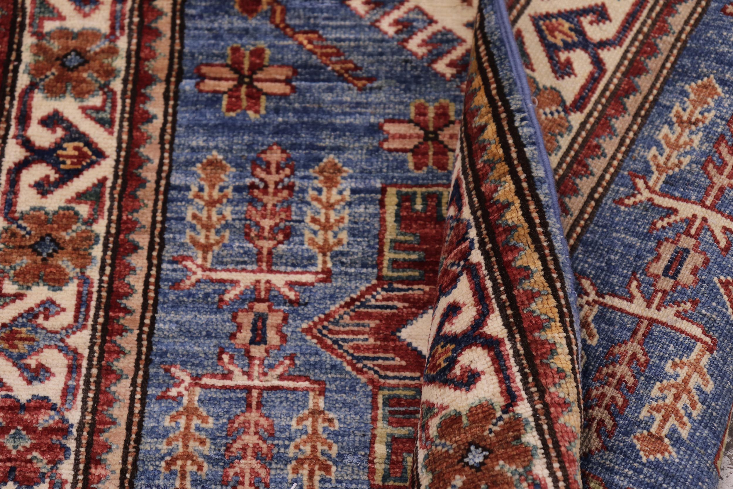 handmade Geometric Super Kazak Lt. Blue Beige Hand Knotted RUNNER 100% WOOL area rug 3' x 10'
