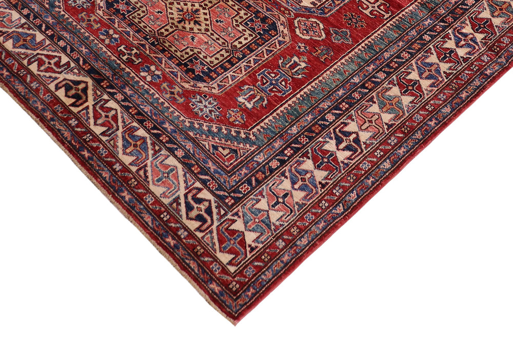 handmade Geometric Super Kazak Red Beige Hand Knotted RECTANGLE 100% WOOL area rug 5' x 7'