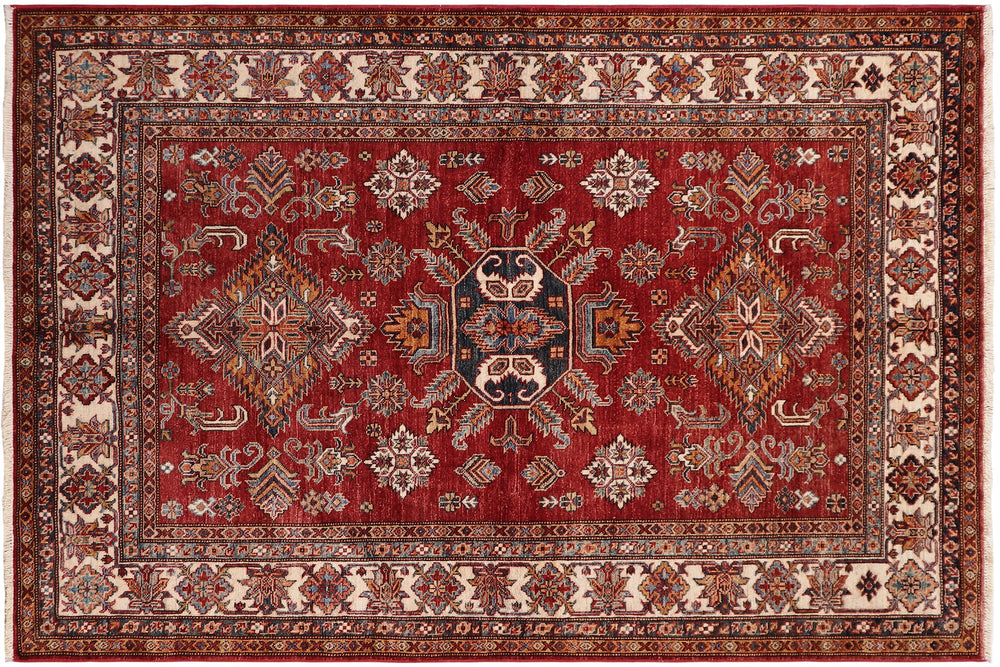 handmade Geometric Super Kazak Red Beige Hand Knotted RECTANGLE 100% WOOL area rug 5' x 6'