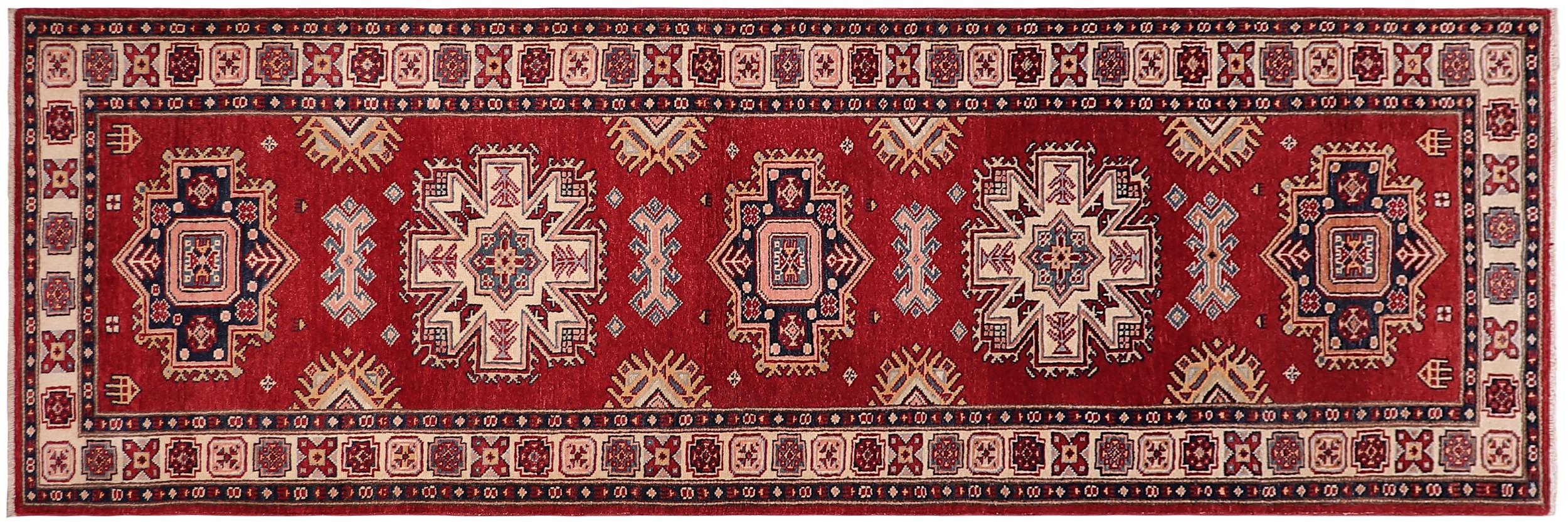 handmade Geometric Super Kazak Red Beige Hand Knotted RUNNER 100% WOOL area rug 3' x 10'