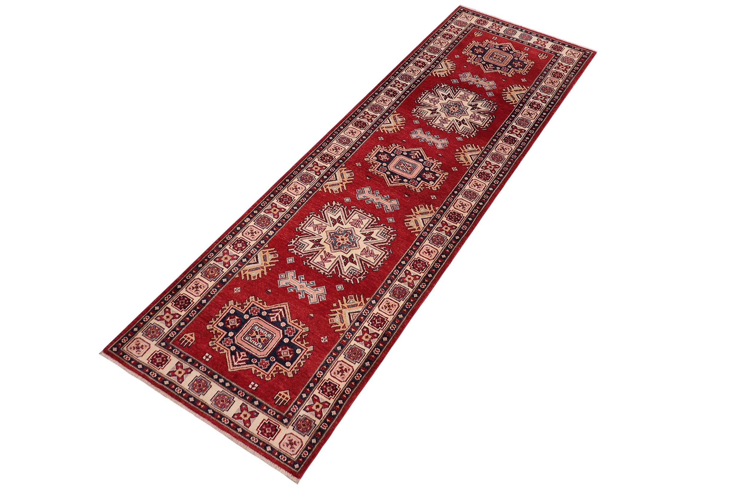 handmade Geometric Super Kazak Red Beige Hand Knotted RUNNER 100% WOOL area rug 3' x 10'