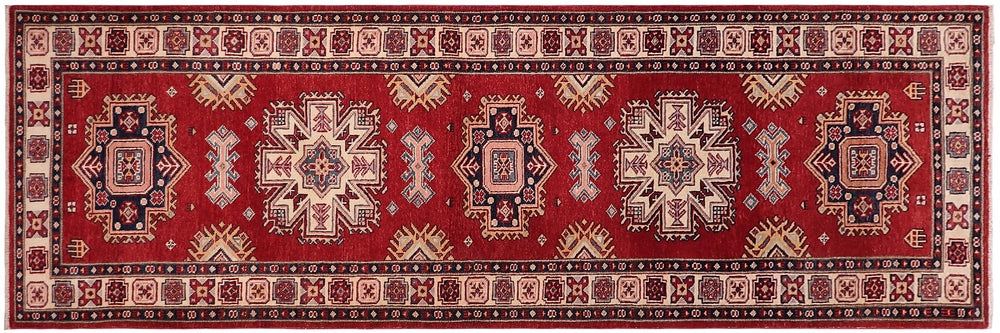 handmade Geometric Super Kazak Red Beige Hand Knotted RUNNER 100% WOOL area rug 3' x 10'