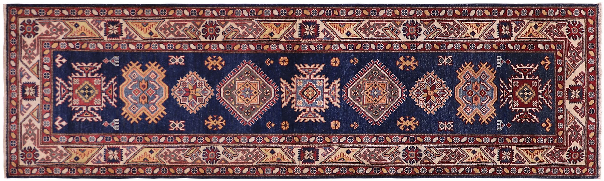 handmade Geometric Super Kazak Blue Beige Hand Knotted RUNNER 100% WOOL area rug 3' x 10'