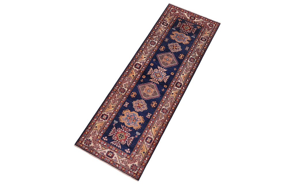 handmade Geometric Super Kazak Blue Beige Hand Knotted RUNNER 100% WOOL area rug 3' x 10'