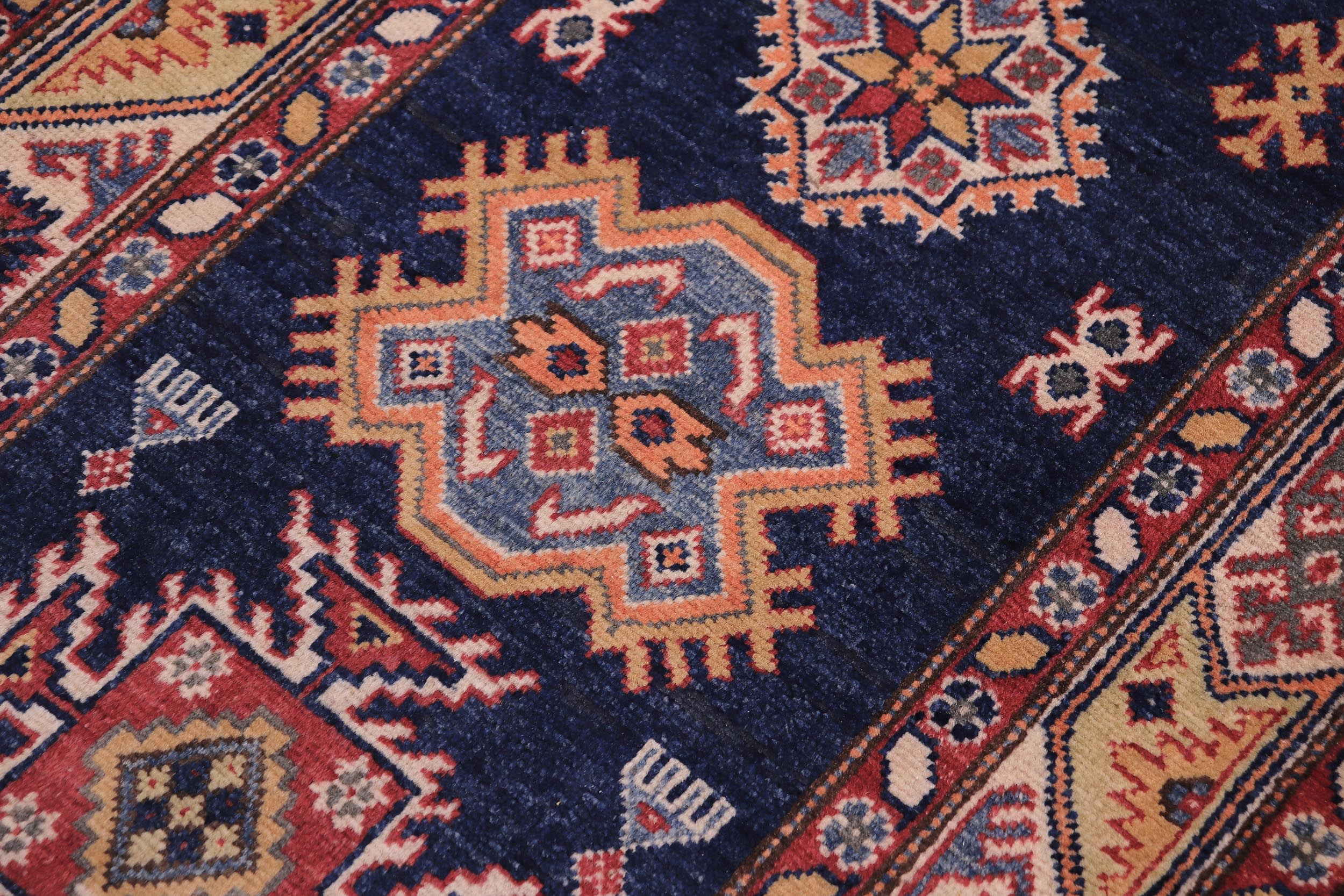 handmade Geometric Super Kazak Blue Beige Hand Knotted RUNNER 100% WOOL area rug 3' x 10'