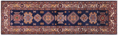 handmade Geometric Super Kazak Blue Beige Hand Knotted RUNNER 100% WOOL area rug 3' x 10'