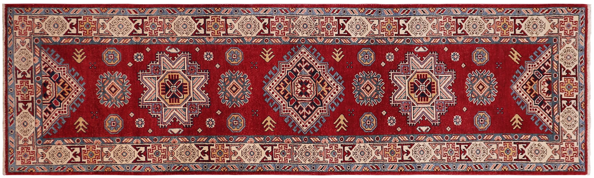 handmade Geometric Super Kazak Red Beige Hand Knotted RUNNER 100% WOOL area rug 3' x 10'
