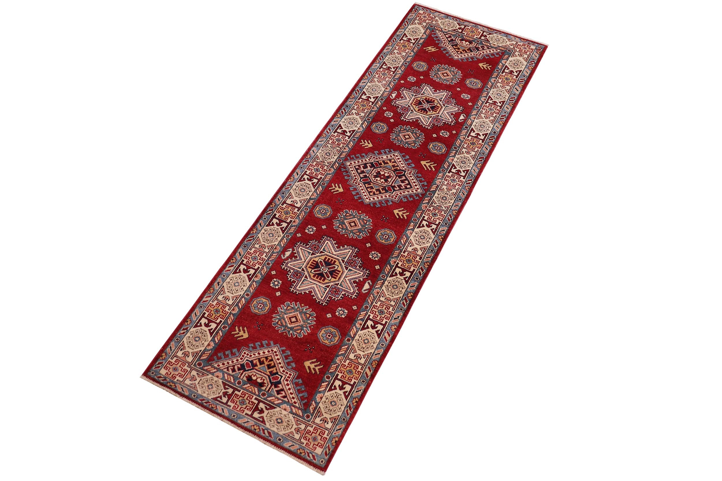 handmade Geometric Super Kazak Red Beige Hand Knotted RUNNER 100% WOOL area rug 3' x 10'