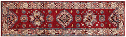 handmade Geometric Super Kazak Red Beige Hand Knotted RUNNER 100% WOOL area rug 3' x 10'