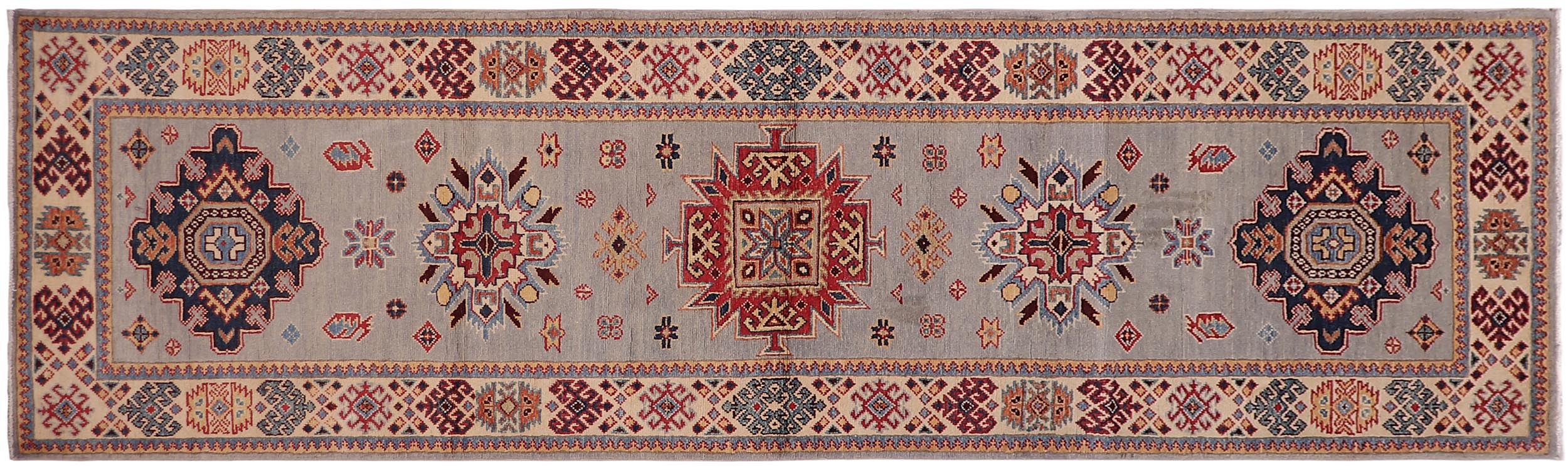 handmade Geometric Super Kazak Lt. Gray Beige Hand Knotted RUNNER 100% WOOL area rug 3' x 10'