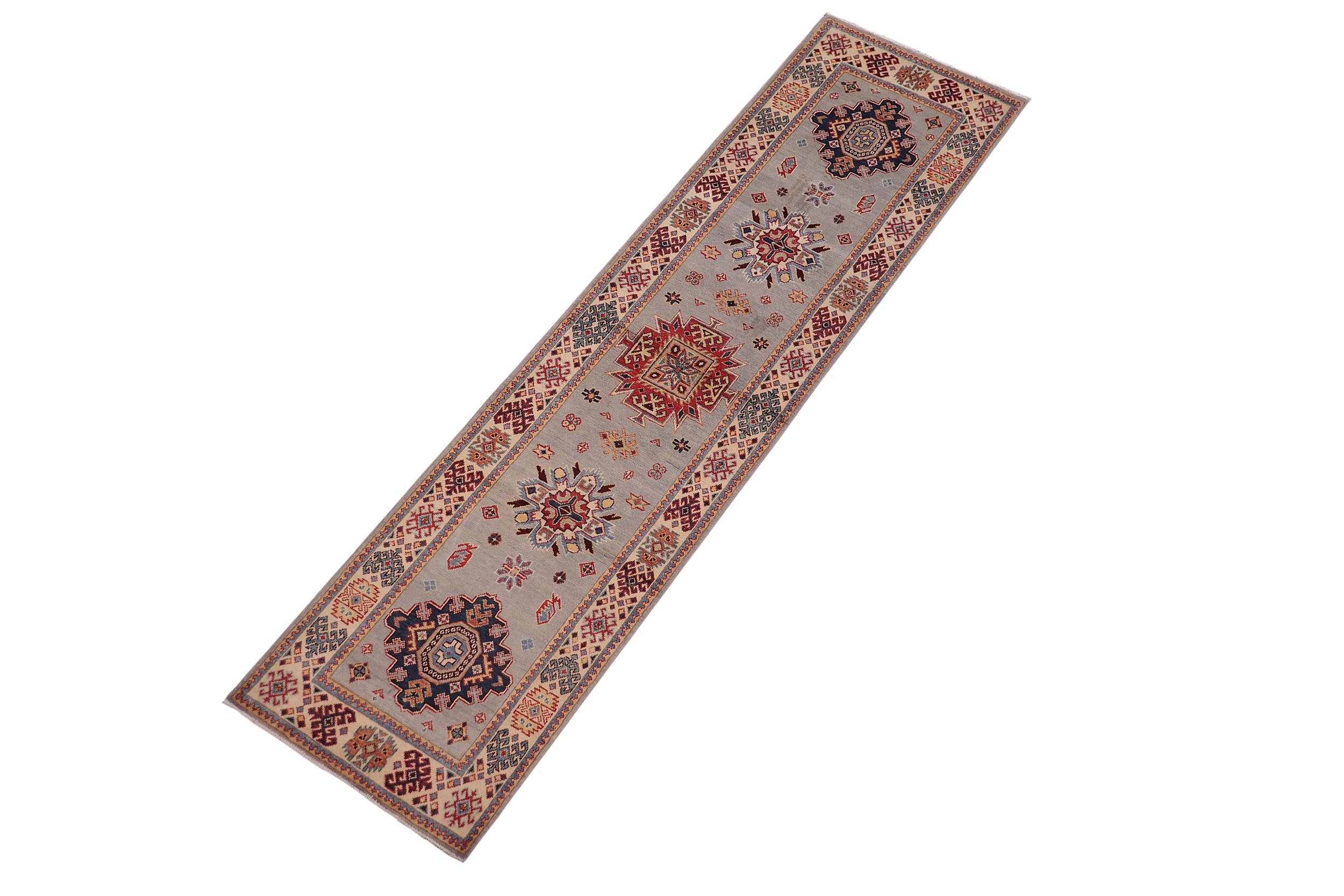 handmade Geometric Super Kazak Lt. Gray Beige Hand Knotted RUNNER 100% WOOL area rug 3' x 10'