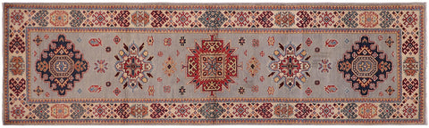 handmade Geometric Super Kazak Lt. Gray Beige Hand Knotted RUNNER 100% WOOL area rug 3' x 10'