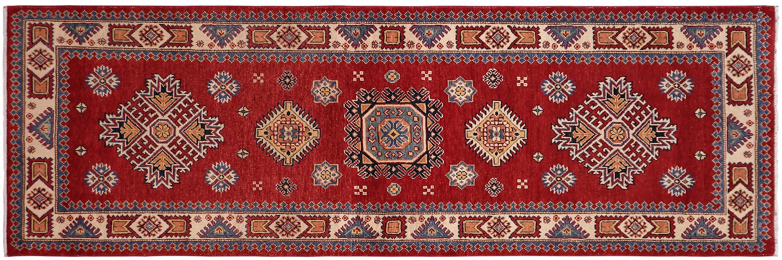handmade Geometric Super Kazak Red Beige Hand Knotted RUNNER 100% WOOL area rug 3' x 8'