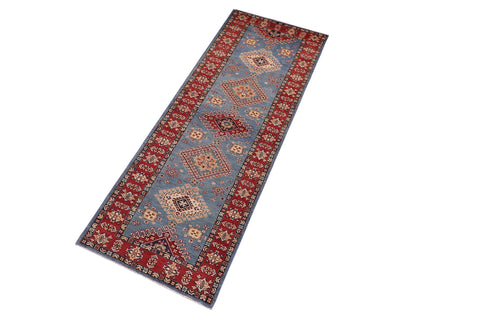 handmade Geometric Super Kazak Lt. Blue Red Hand Knotted RUNNER 100% WOOL area rug 3' x 10'