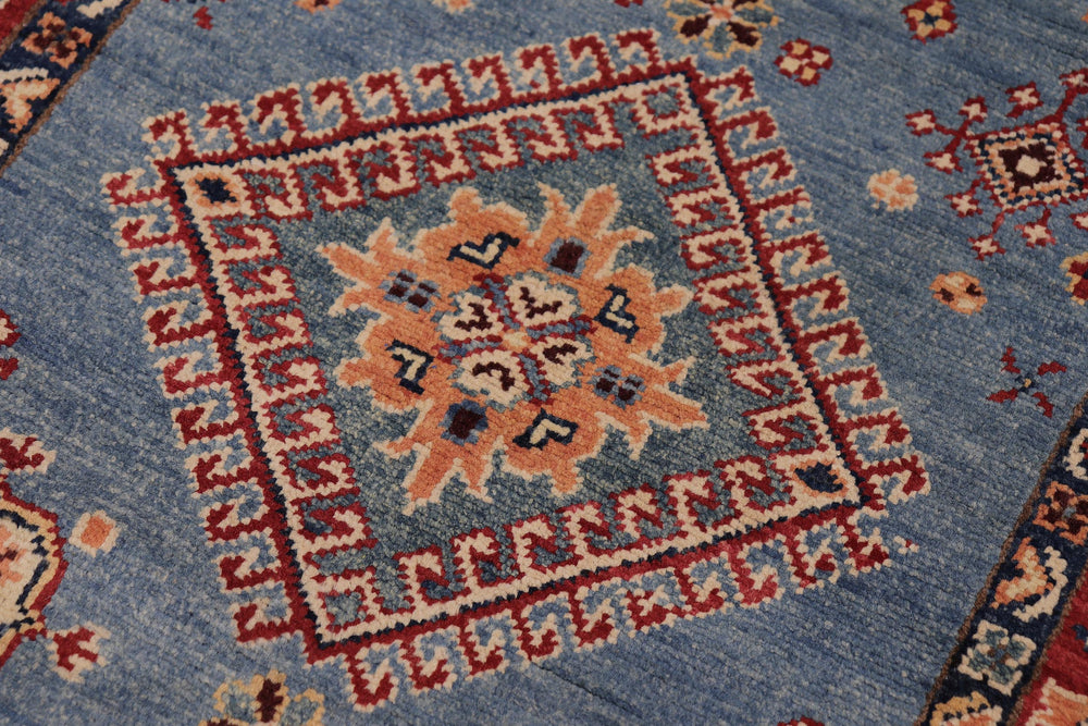 handmade Geometric Super Kazak Lt. Blue Red Hand Knotted RUNNER 100% WOOL area rug 3' x 10'