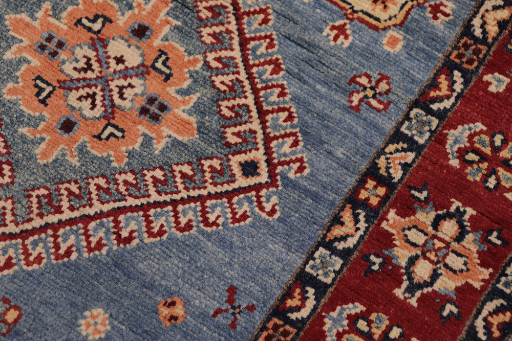 handmade Geometric Super Kazak Lt. Blue Red Hand Knotted RUNNER 100% WOOL area rug 3' x 10'
