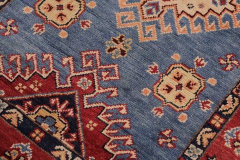 handmade Geometric Super Kazak Lt. Blue Red Hand Knotted RUNNER 100% WOOL area rug 3' x 10'