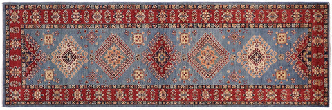 handmade Geometric Super Kazak Lt. Blue Red Hand Knotted RUNNER 100% WOOL area rug 3' x 10'