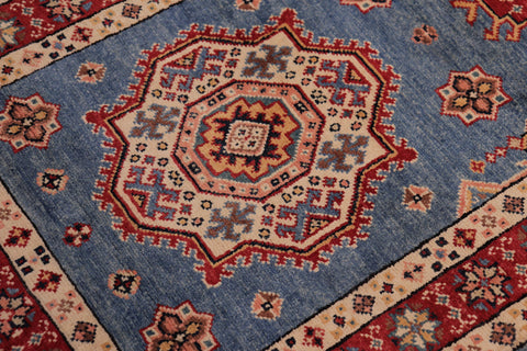 handmade Geometric Super Kazak Lt. Blue Red Hand Knotted RUNNER 100% WOOL area rug 3' x 10'