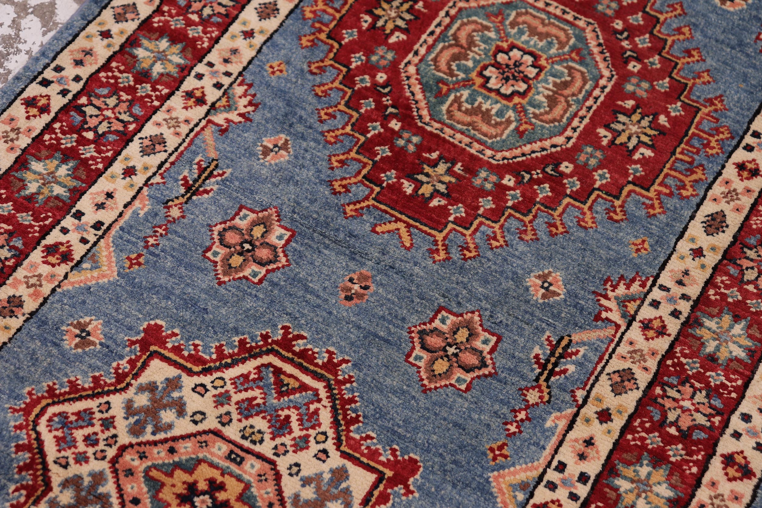 handmade Geometric Super Kazak Lt. Blue Red Hand Knotted RUNNER 100% WOOL area rug 3' x 10'