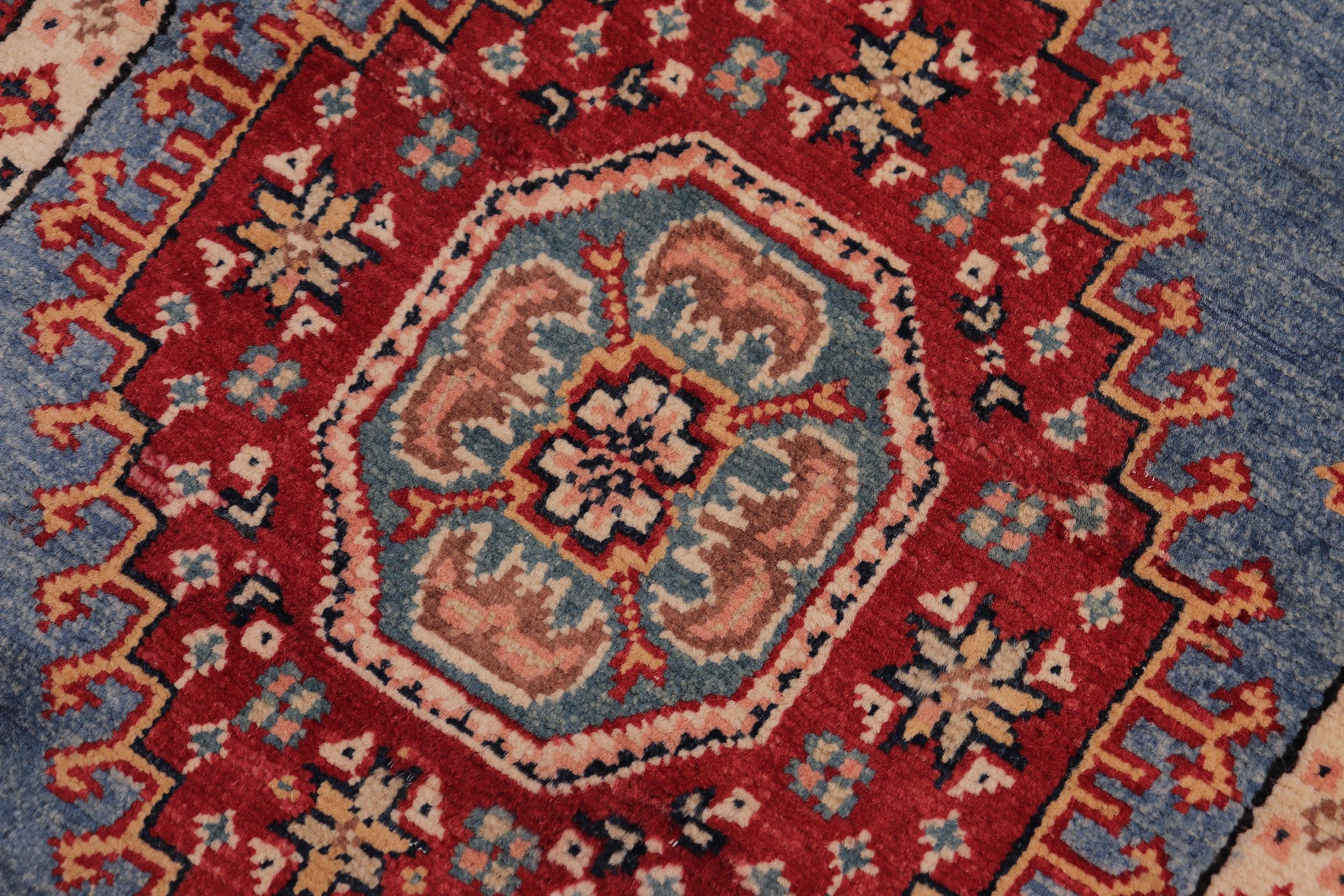 handmade Geometric Super Kazak Lt. Blue Red Hand Knotted RUNNER 100% WOOL area rug 3' x 10'