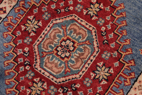 handmade Geometric Super Kazak Lt. Blue Red Hand Knotted RUNNER 100% WOOL area rug 3' x 10'