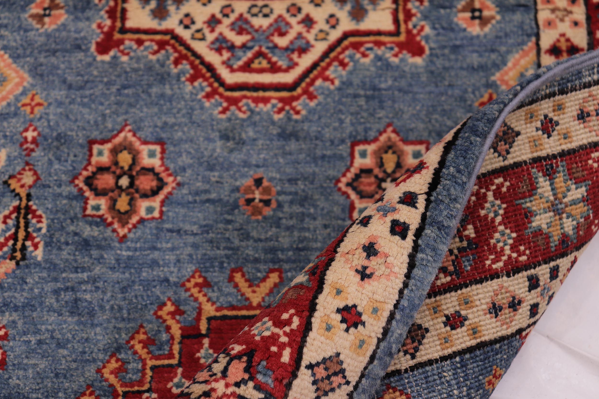 handmade Geometric Super Kazak Lt. Blue Red Hand Knotted RUNNER 100% WOOL area rug 3' x 10'