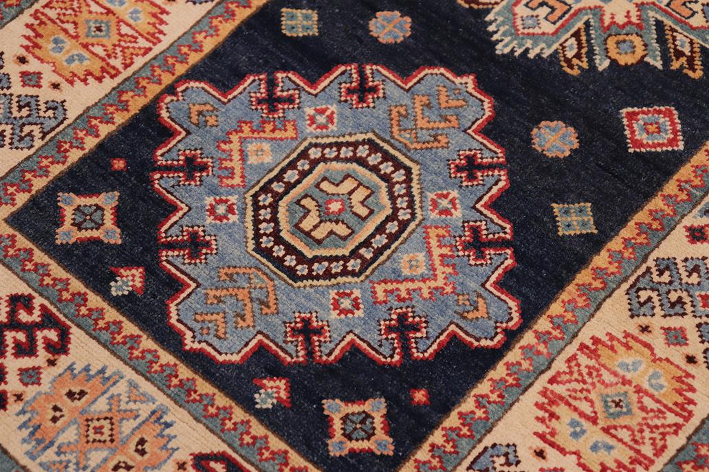 handmade Geometric kazak Blue Beige Hand-made RUNNER 100% WOOL area rug 3x8