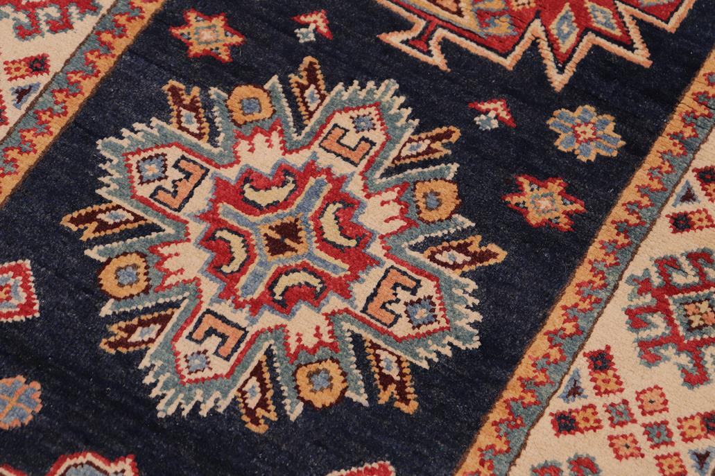 handmade Geometric kazak Blue Beige Hand-made RUNNER 100% WOOL area rug 3x8