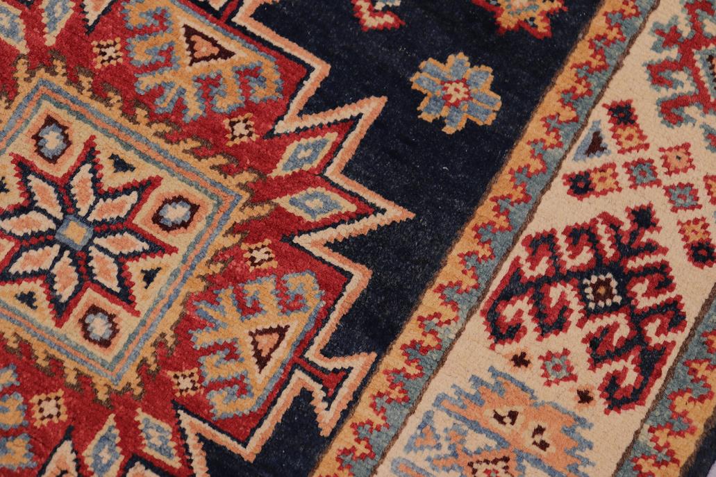 handmade Geometric kazak Blue Beige Hand-made RUNNER 100% WOOL area rug 3x8