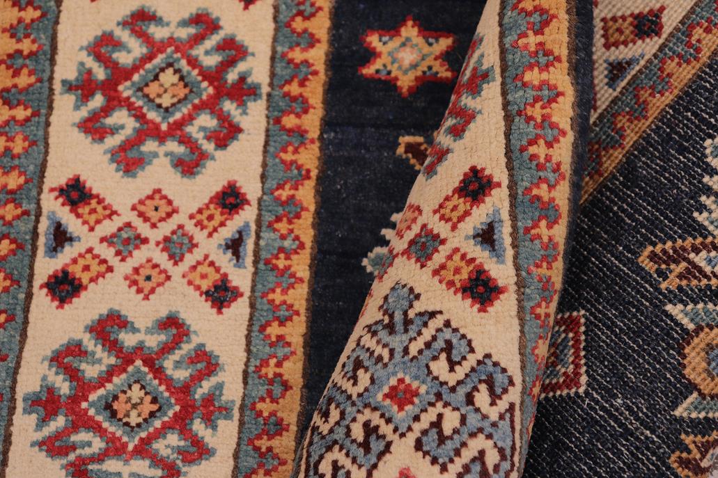 handmade Geometric kazak Blue Beige Hand-made RUNNER 100% WOOL area rug 3x8