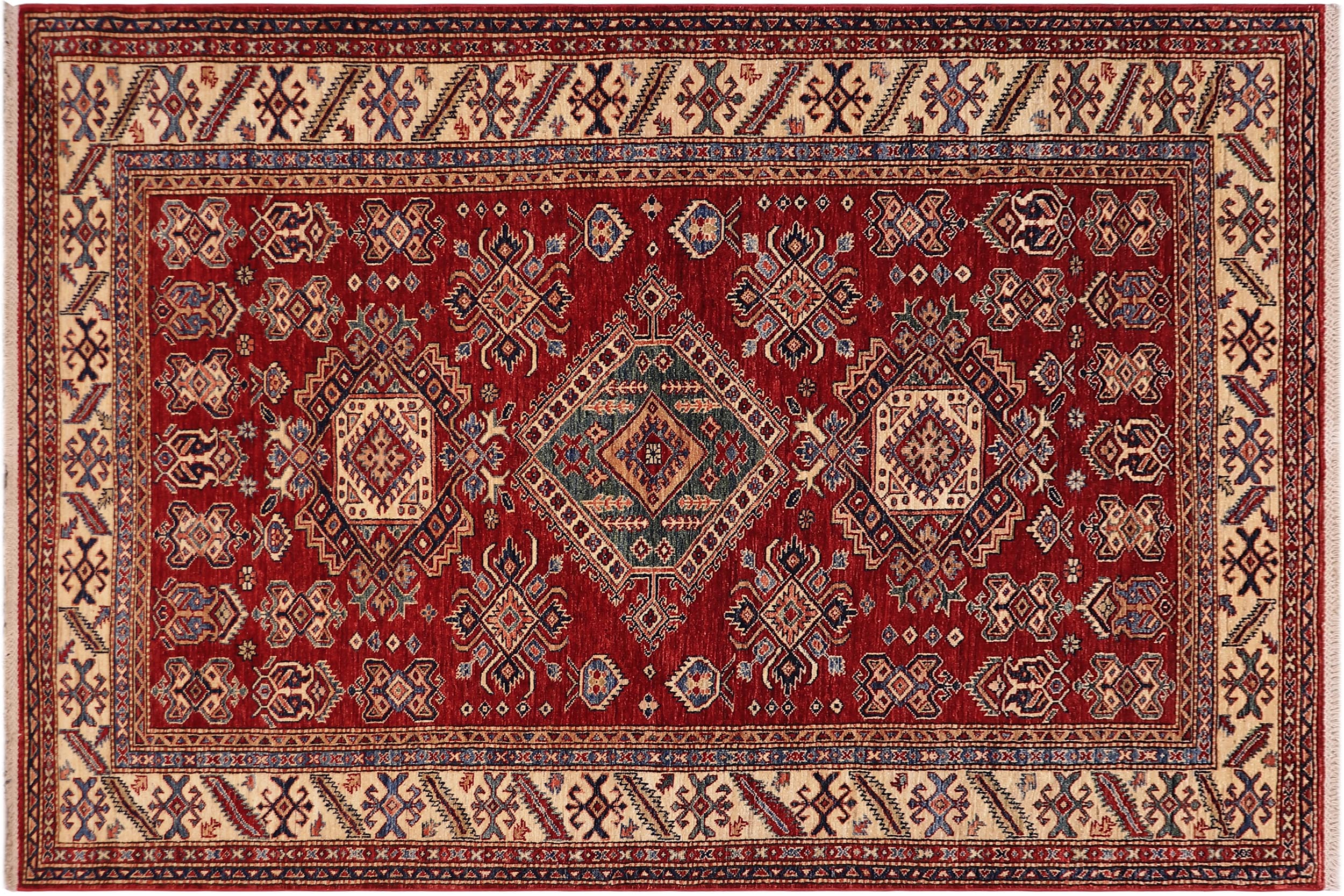 handmade Geometric Super Kazak Red Beige Hand Knotted RECTANGLE 100% WOOL area rug 6' x 9'