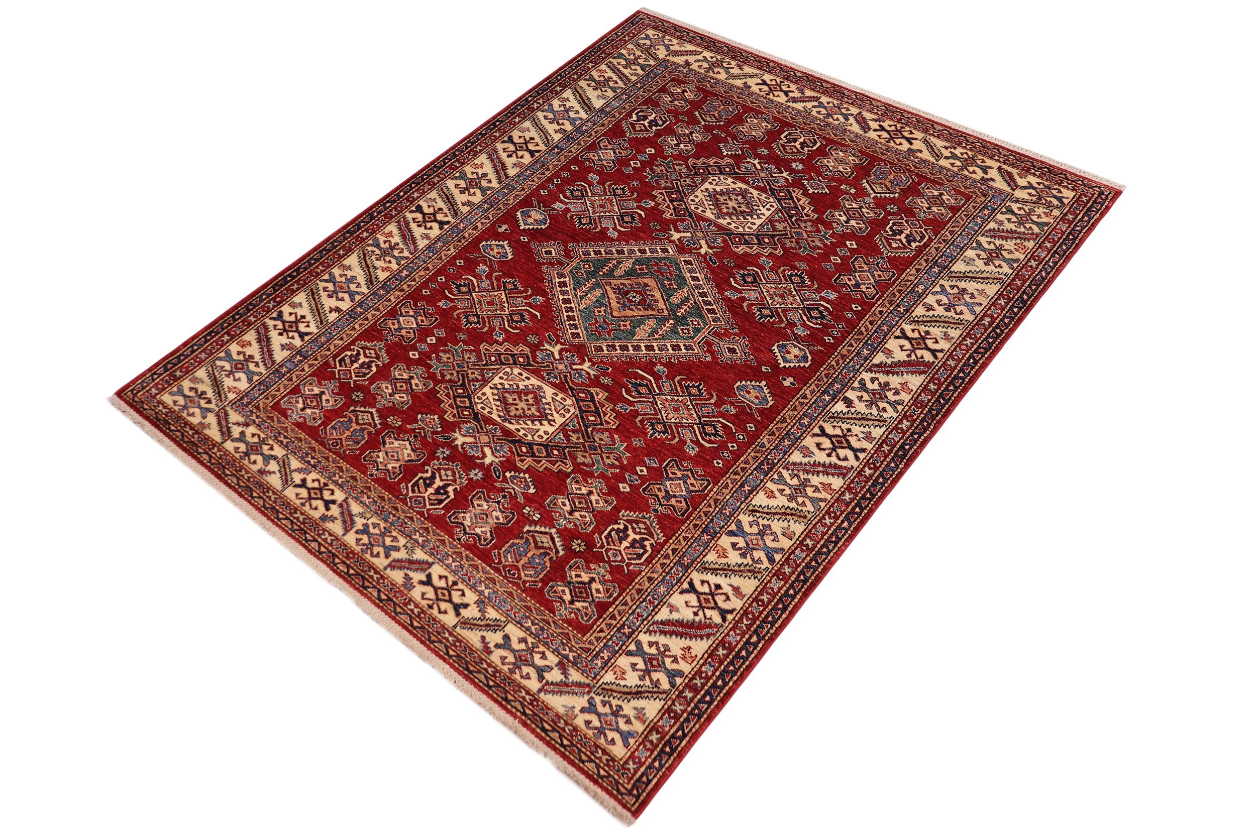 handmade Geometric Super Kazak Red Beige Hand Knotted RECTANGLE 100% WOOL area rug 6' x 9'