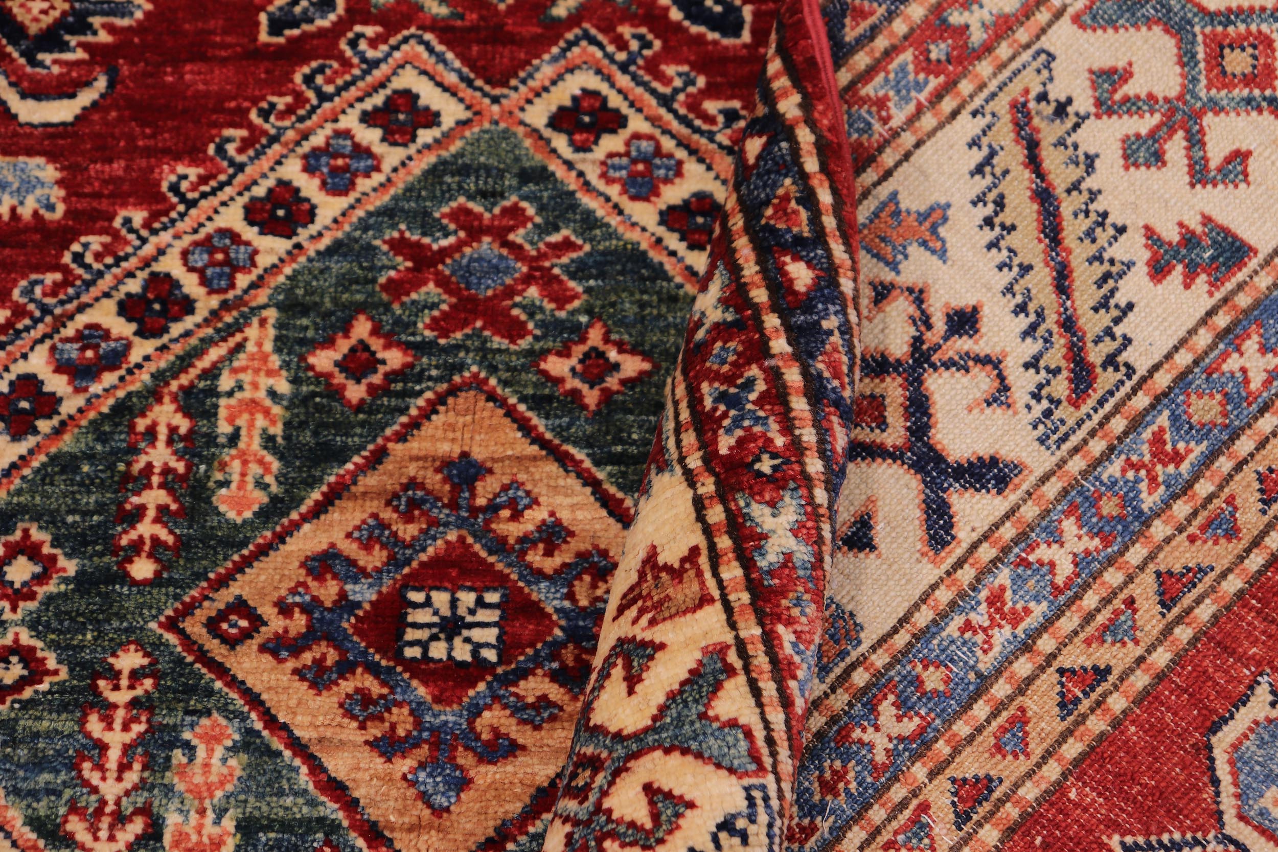 handmade Geometric Super Kazak Red Beige Hand Knotted RECTANGLE 100% WOOL area rug 6' x 9'